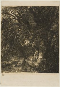 Descanso en la huida a Egipto con burro ensillado de Rodolphe Bresdin