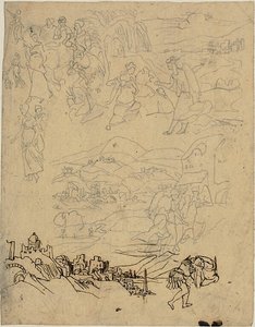 Bocetos de escenas bíblicas, pueblo junto al lago, pueblo de montaña, Guerrero de Rodolphe Bresdin
