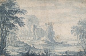 Paisaje con pescador y cazador de patos