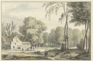 Paisaje con una caravana de viaje frente a una granja de Roelant Roghman