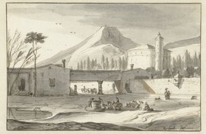 Paisaje montañoso e italianizante con una iglesia rotonda de Roelant Roghman
