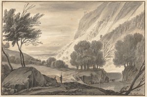 Paisaje montañoso con dos viajeros