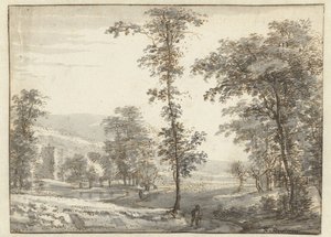 Paisaje arbolado con un viajero en un camino