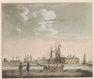 Rijkswerf Willemsoord, hacia 1825 Vista de Willemsoord en el claro - cerca de Nieuwendiep, y la entrada al gran canal Noord-Hollandsch / Vue de Willemsoord au clear prês du Nieuwendiep, et L