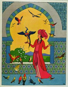 La princesa consultando al pájaro Bulbulhezar, ilustración de "Las dos hermanas celosas", de "Las mil y una noches". de Roger Broders