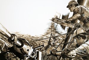 Petroleros en una plataforma del Mar del Norte (gouache sobre papel)