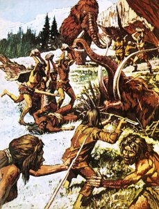 Hombres prehistóricos atacando mamuts de Roger Payne