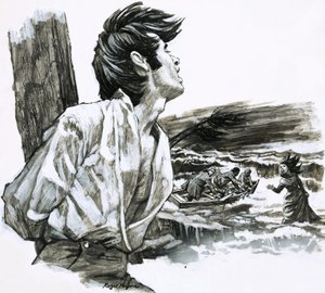 Roger Quinn atado a una viga en Christmas Cay de Roger Payne