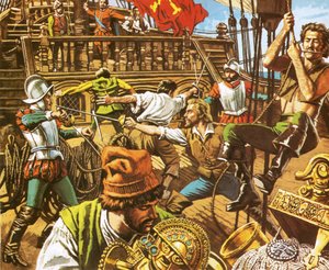 Sir Francis Drake ataca a los españoles de Roger Payne