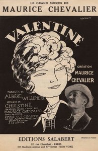 Portada de la partitura del gran éxito de Maurice Chevalier "Valentine" letra de Albert Willemetz música de Christine ediciones Salabert, c.1925 (impresión) de Roger de Valerio