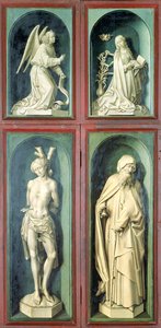La Anunciación, San Sebastián, San Antonio el Grande y los dos Donantes, paneles del reverso del Juicio Final, c.1445-50 de Rogier van der Weyden
