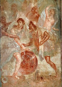 Aquiles, disfrazado de mujer, es reconocido por Ulises entre las hijas de Licomedes en Scyros. Fresco de Pompeya. Siglo I d.C. Dim. 145,5x137,5 cm Nápoles, museo arqueológico nacional - Arte Romano. Lucha violenta entre el pueblo de Pompeya y Nocera de Roman