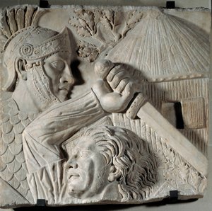 Arte de la antigua Roma: Bárbaro luchando contra un legionario romano. Bajo relieve, principios del siglo II d.C. Roma, Foro de Trajano. París, Museo del Louvre de Roman