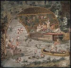 Banquete bajo una pérgola cerca del Nilo - Detalle del Nilo Mosaico de Palestrina - Siglo III a. C. - Nilo mosaico de Palestrina - Siglo III a. C., 95x102 cm - Staatliche Museen, Berlin
