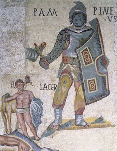 Batalla entre gladiadores, detalle de un gladiador armado con una daga y un escudo, 320 d.C. (mosaico) de Roman