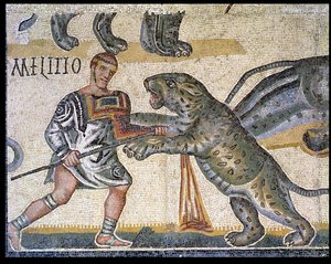 Batalla de gladiadores contra los felinos, detalle (320 d.C.) de Roman