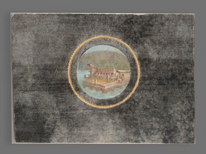 Fragmento de Fresco con Fondo Negro con Paisaje en Tondo, 50-79 D.C. de Roman