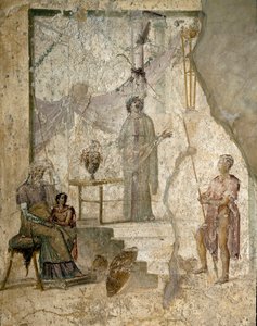 Casandra profetiza la caída de Troya, su padre Príamo, sentado a la izquierda, su hermano Paris, sosteniendo la manzana de la Discordia y un guerrero apoya su lanza (probablemente Héctor) - Fresco
