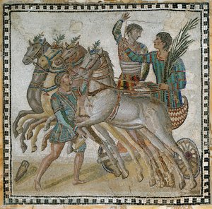 Carrera de cuadrigas con los aurigas en posición de salida y un mozo cerca del caballo blanco (en primer plano) - Mosaico, siglo III