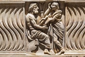 Decoración en un sarcófago, imagen de un filósofo y una musa de Roman