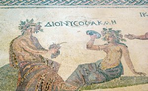 Dionisio aconsejando a la ninfa Akme, Casa de Dionisio, Pafos, Chipre de Roman