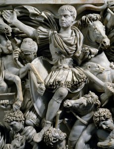 Retrato ecuestre de Hostiliano, hijo del emperador Decio, junto con sus guardias a caballo, (detalle) de Roman