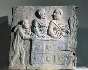 Fragmento de sarcófago que representa a un cambista, de Roma, Viale del Re de Roman