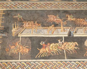 Francia, Lyon, Obra en mosaico que representa los juegos del circo, Carrera de cuadrigas
