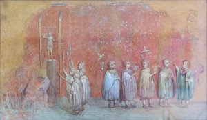 Fragmento al fresco de un calendario que representa a niños en procesión, posiblemente las celebraciones del cumpleaños del emperador Severo y representando el mes de abril, siglo III d.C. (fresco) de Roman