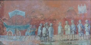 Fragmento al fresco de un calendario que representa la navegación Isidis, fiesta propiciatoria celebrada al comienzo de un viaje y que representa el mes de marzo, siglo III d.C. (fresco)