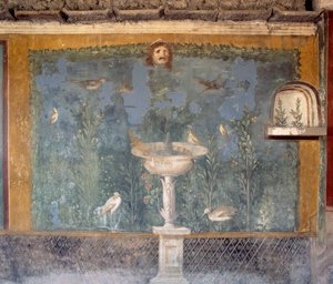 Fresco con fuente, máscara y pájaros, Casa de Venus en la Concha, Pompeya (Lista del Patrimonio Mundial de la Unesco) de Roman