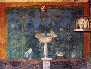 Fresco con fuente, máscara y pájaros, Casa de Venus en la concha, Pompeya, Campania, Italia, civilización romana