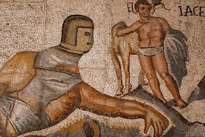 Batallas de gladiadores. 320-330, mosaico de Roman