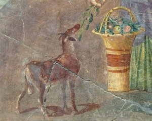 Cabra y cesta de frutas, fresco de Pompeya, Campania, Italia, civilización romana de Roman