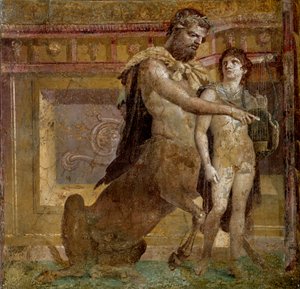 Mitología griega: el centauro Quirón y Aquiles niño. Fresco de la Basílica de Herculano (Basilica di Ercolano). Arte romano Nápoles, Museo Arqueológico Nacional
