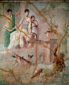 Heracles y Ónfale (Hércules y Ónfale) Fresco romano del tercer estilo pompeyano de Pompeya (Fresco de Pompeya) 40-60 d.C. Dim 88x103 cm Conservado en el Museo Arqueológico Nacional de Nápoles Italia