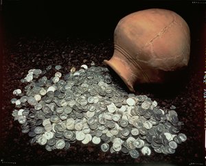 Jarra que contenía un tesoro de monedas de plata romanas, de Falkirk, mediados del siglo III d.C.