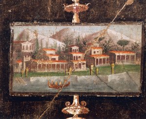 Paisaje y arquitectura en pintura mural en tablinum, Casa de Marco Lucrecio Fronto, Pompeya, Campania, Civilización Romana de Roman