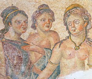 Leda y sus criadas, detalle de Leda y Zeus, mosaico, Casa de Aion, Pafos, Chipre de Roman