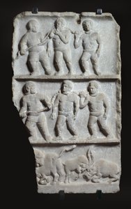 Relieve de mármol con 3 registros: esclavos encadenados y animales, c.200 d.C.