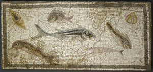 Panel de mosaico que muestra peces, probablemente siglo III d.C. de Roman