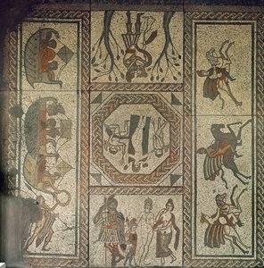 Pavimento de mosaico de la villa romana en Low Ham, que ilustra la historia de Dido y Eneas de la Eneida de Virgilio, c.350 AD