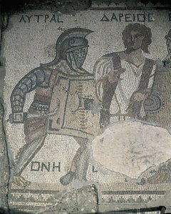 Pintura de dos gladiadores en un muro de mosaico, Kourion, Limassol, Chipre de Roman
