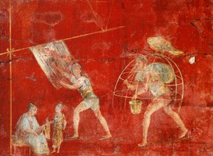 Fresco de pilar que representa la fabricación de lana, de Pompeya, Fullonica de Veranio Ipseo de Roman