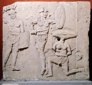 Relieve que representa escena de gladiadores del área de Due Madonne, Bolonia, Civilización Romana de Roman