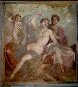 Representación de Ares y Afrodita, acompañados por amores jugando con las armas del dios