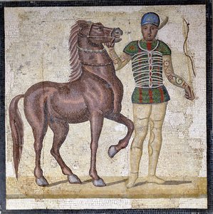 Representación de las cuatro facciones del circo romano: los Verdes (factio prasina). Las facciones eran clubes que participaban en competiciones circenses en el Alto Imperio (siglo I d.C.) y se caracterizaban por un color. Mosaico, Roma Museo nazionale Ro de Roman