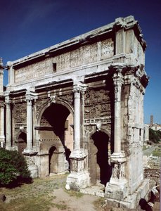 Arte romano: Arco de Triunfo del emperador romano Septimio Severo (Lucius Septimius Severus) (146-211) realizado en 203 d.C., Foro Romano, Roma de Roman