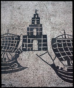 Arte romano: "Faro y barcos" Mosaico de la Corporación de gente de mar, Plaza de las Corporaciones