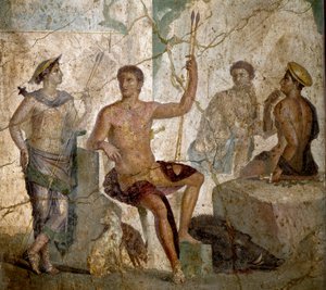 Arte romano: Meleagro y Atalanta. Fresco romano del siglo I d.C. de Pompeya. Museo Arqueológico Nacional, Nápoles, Italia